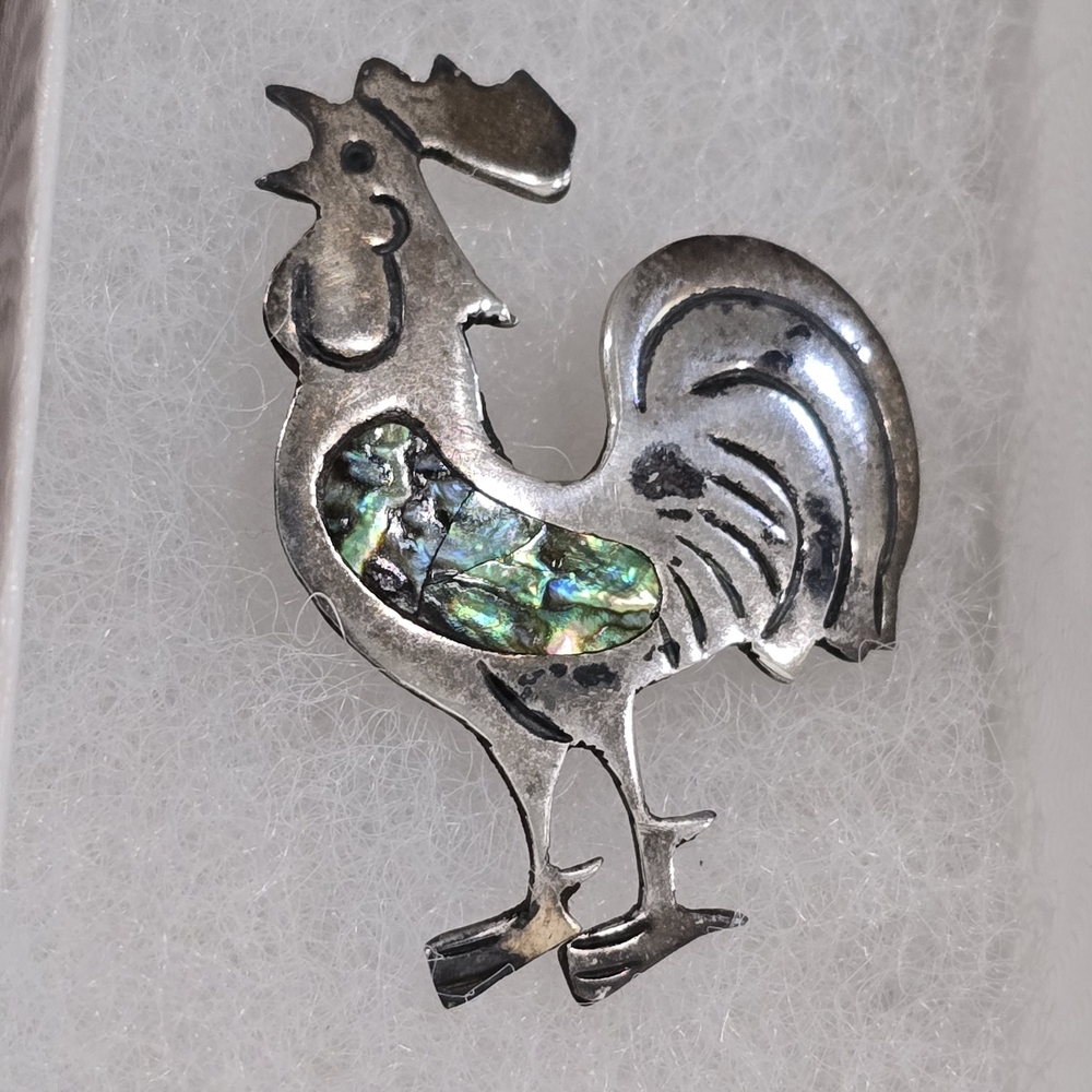 Vintage Mexico 950 Silver Rooster Brooch with Abalone Inlay